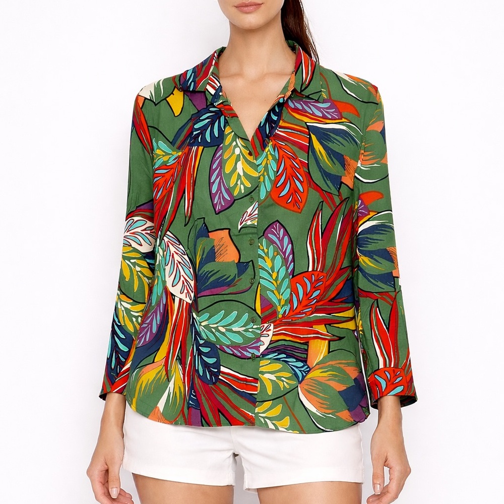 Tropical Leaf Print Button-Front Blouse Relaxed Resort Shirt Vacation Ready Top